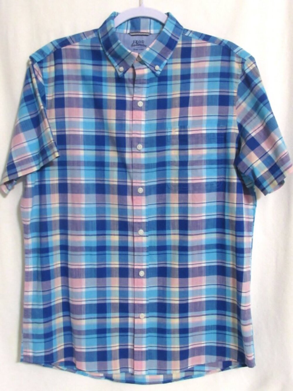 Men's IZOD Shades of Blue Pink Turquoise Plaid Cotton S/S Button Down Shirt M